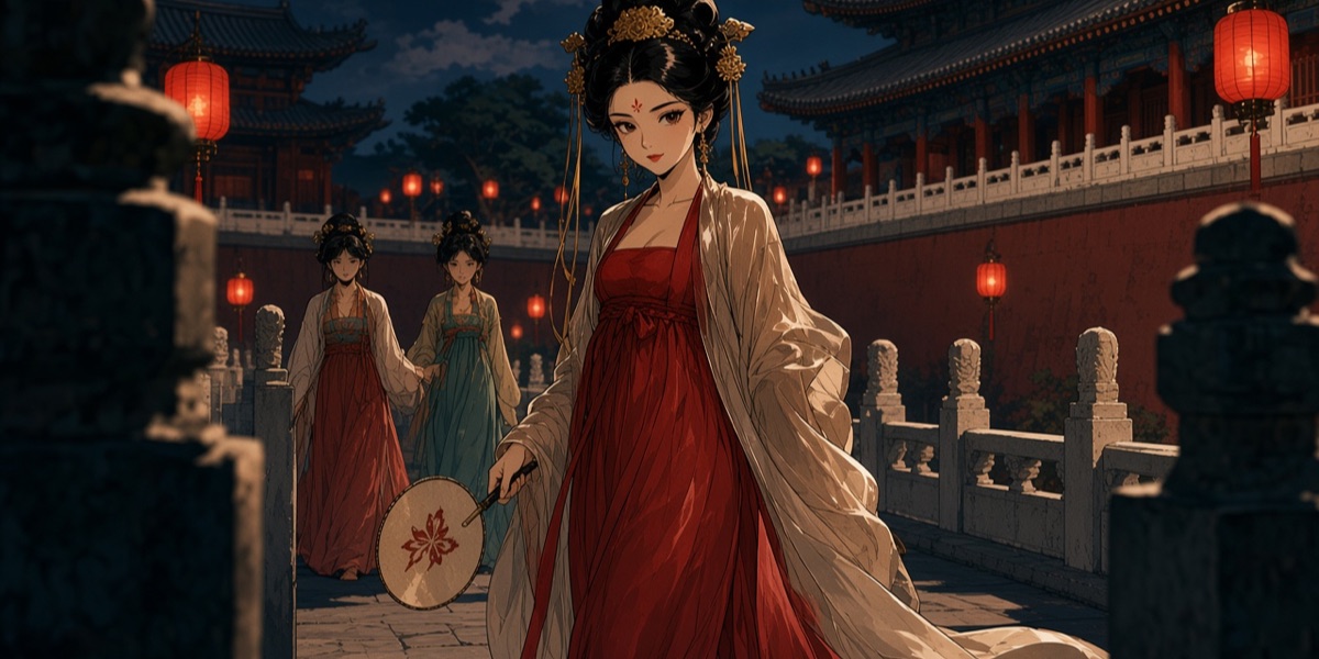 The story’s Wu Zetian before she is empress, on a terrace of the Daming Palace: a tall looped chignon with gold combs, a red flower mark between the brows, a long skirt tied high under the bust and a translucent shawl trailing behind, after the Princess Yongtai mural.