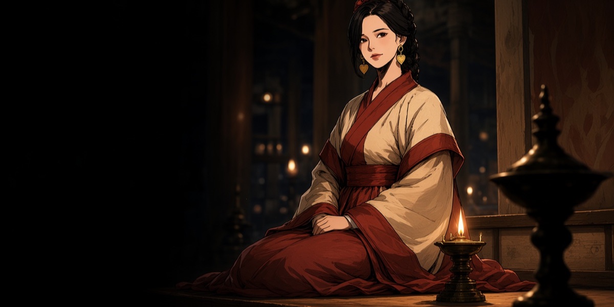 The story dresses Yeon’s wife after the tomb owner’s wife in the Ssangyeongchong mural: a long belted jacket with a broad red band at the collar, cuffs and hem over a full skirt, hair coiled high with red silk flowers, and Goguryeo gold ring earrings with a heart-shaped leaf.