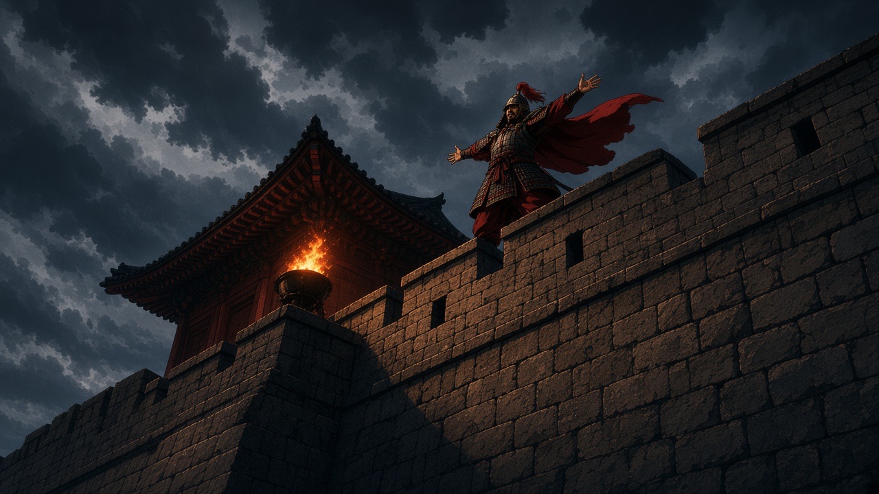 The Guardian on the wall under storm cloud