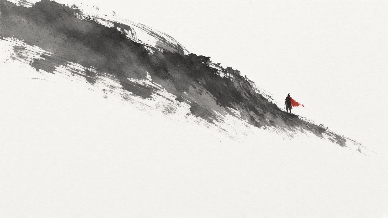 Korean ink landscape, real sumi brush on bare paper.
