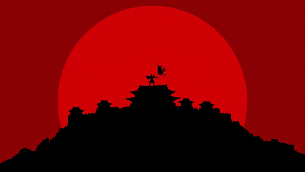 Iconic silhouette 16:9 poster-still: an enormous blood-red setting sun fills the centre of the frame.