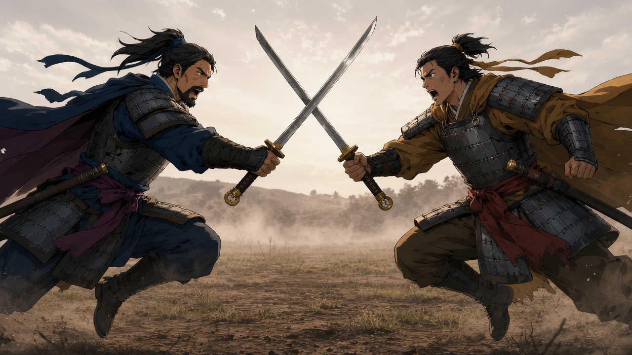 Two generals leap at each other, blades crossed