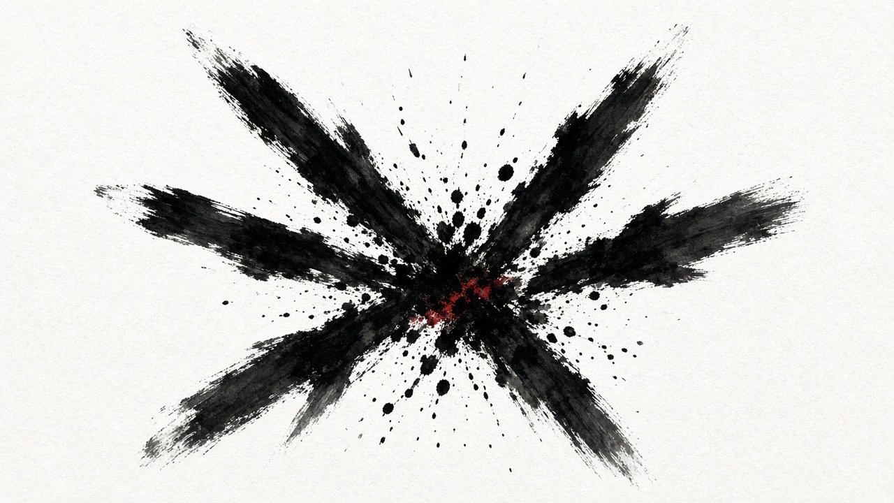 Six short black brush strokes cross and clash in the center, splatter where they meet, flying white at the tips.