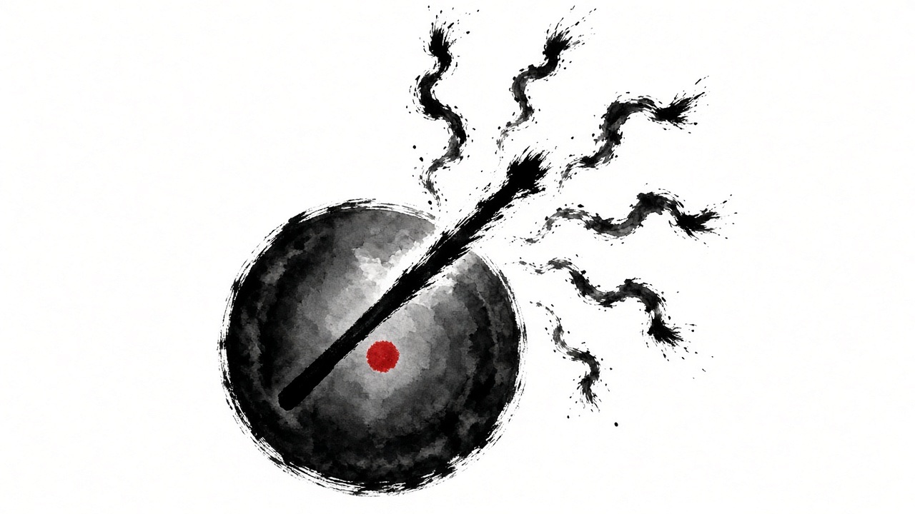 One barrel drum seen from above as a hard black circle, a drumstick caught mid-strike as a diagonal stroke.