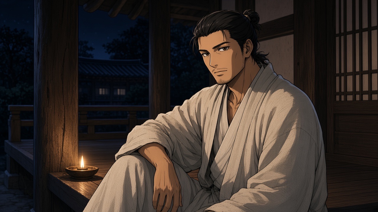 Bidam in a DIFFERENT outfit than his portrait: a plain undyed hemp-silk robe, no beads, no lotus embroidery, hair cut shorter and simply tied, still period Korean.