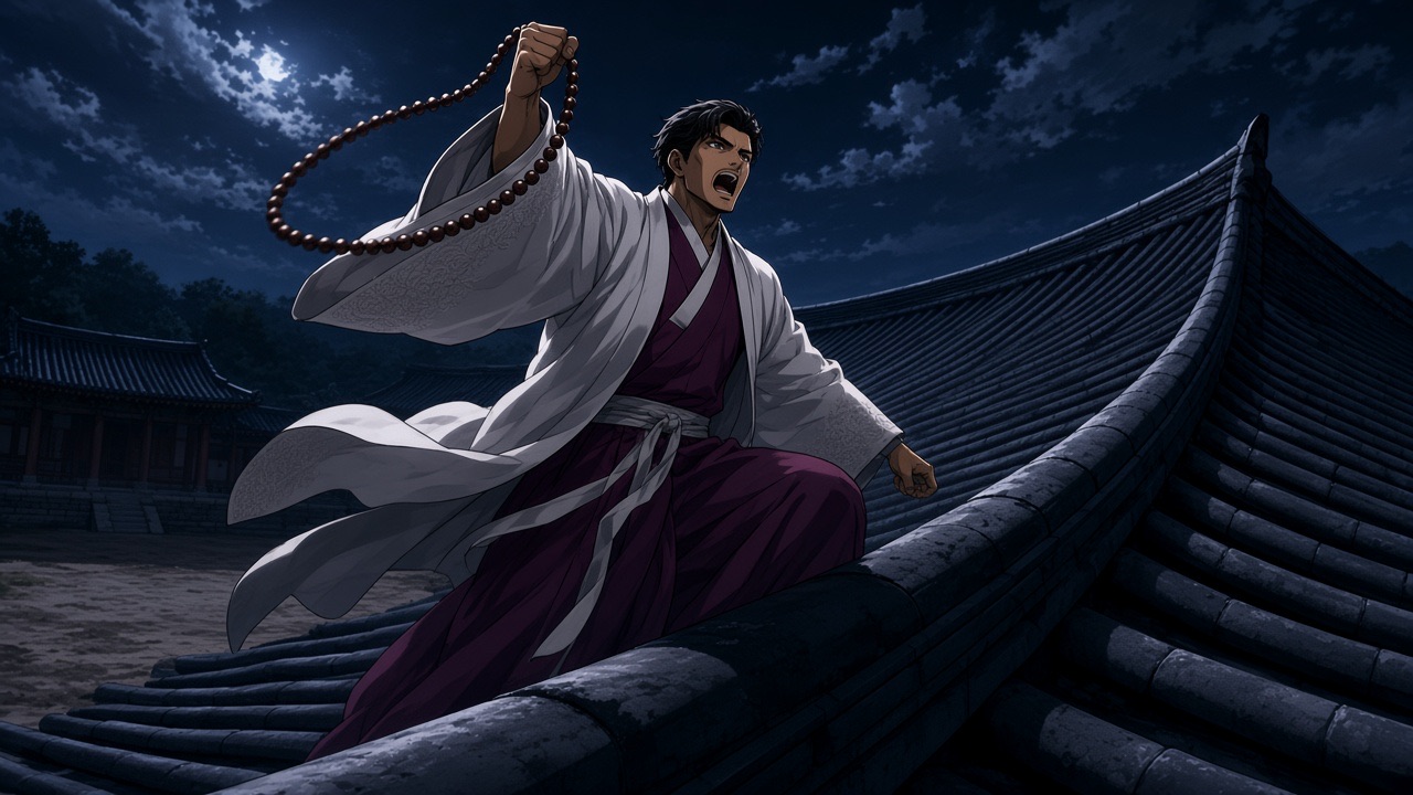 Bidam on a night roof, beads swinging