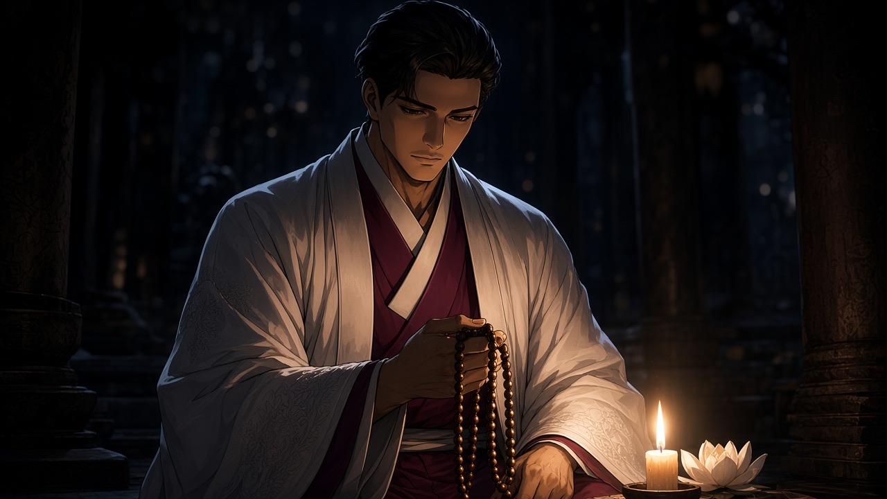 Bidam with his beads beside a candle