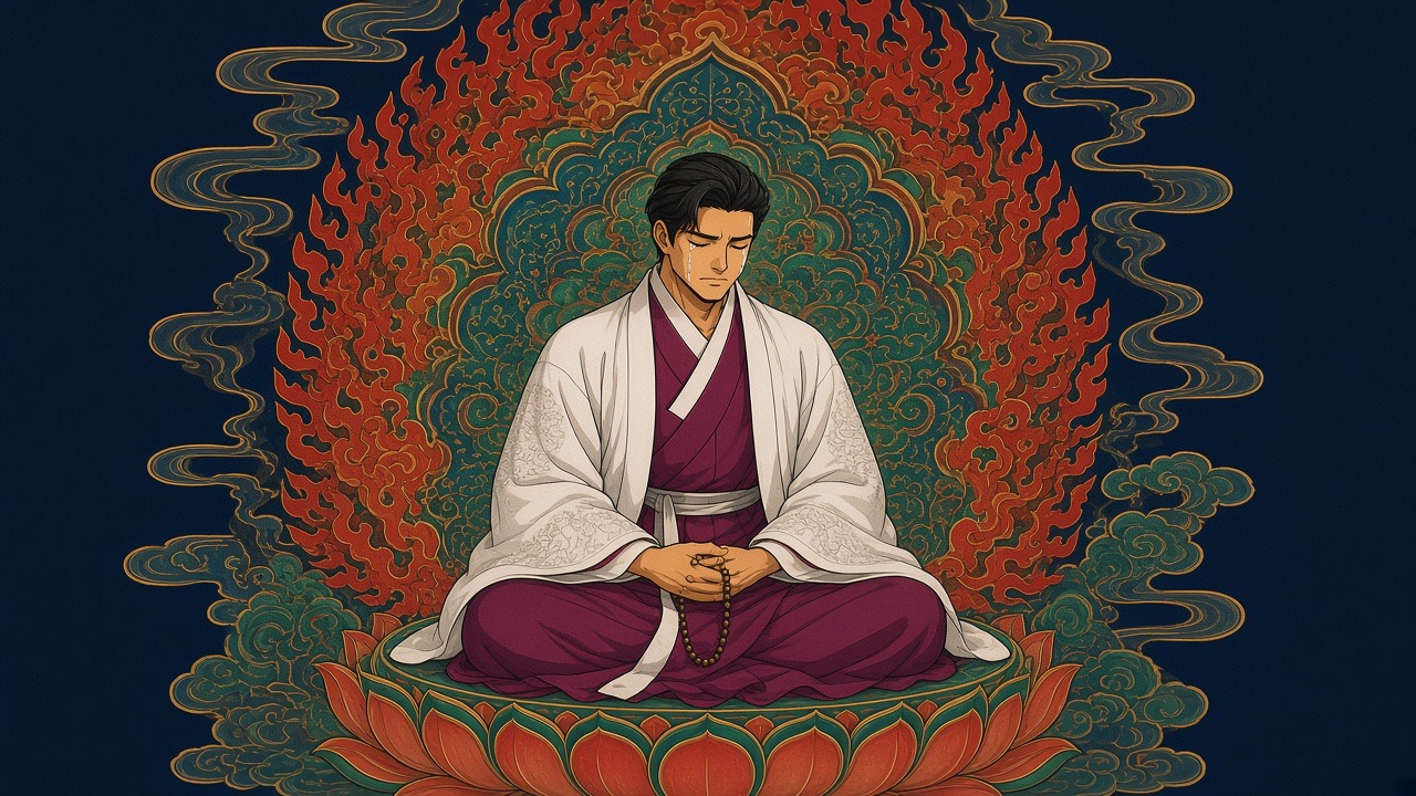 At the centre, Bidam seated cross-legged in meditation on a lotus, 108 prayer beads draped between his fingers, eyes half-closed, but his jaw clenched and a single…
