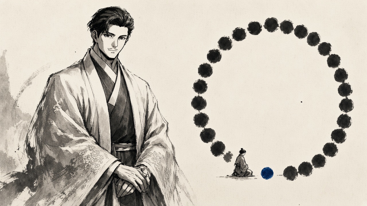 SYMBOL: an arc of bead dots almost makes a circle and stops one bead short, so the life does not close.