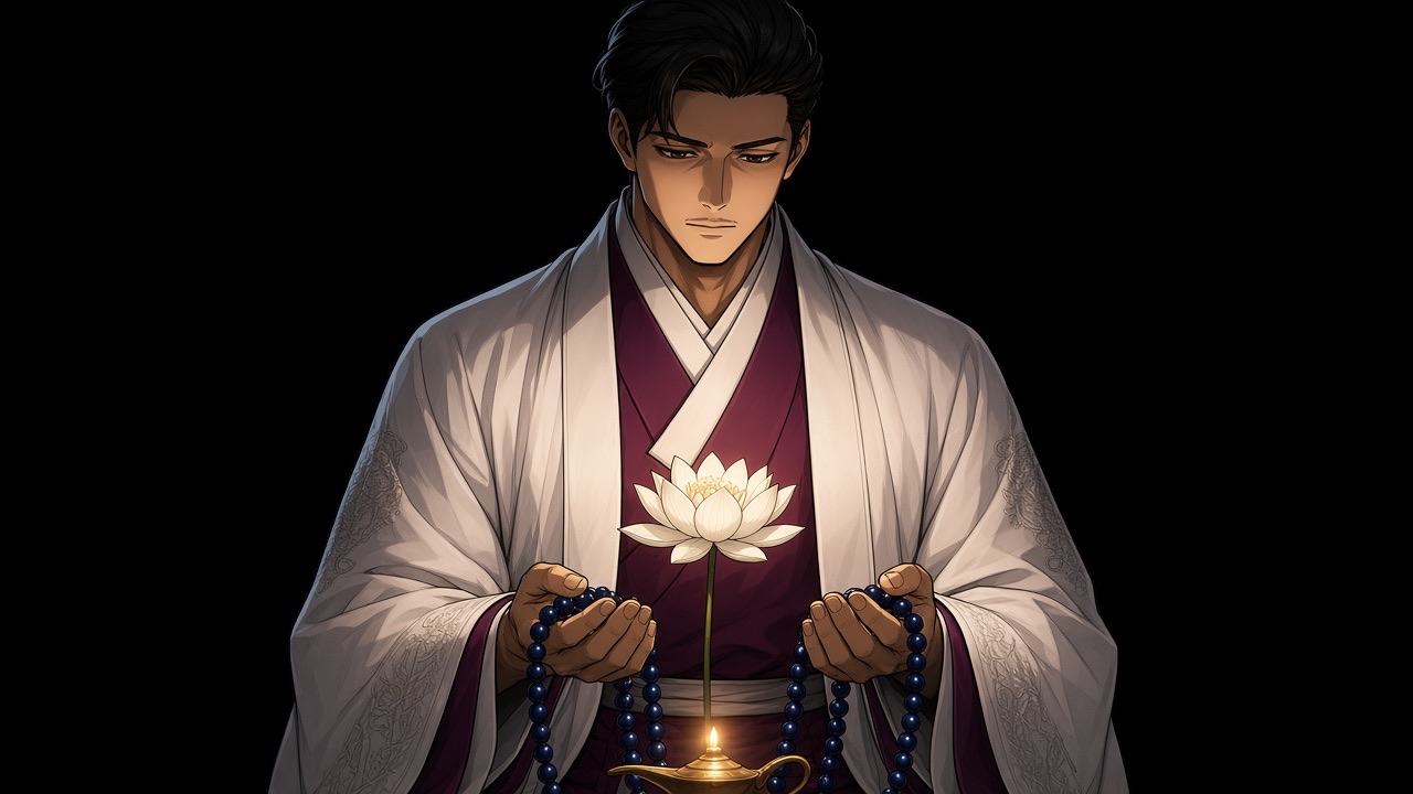 Bidam in meditation over a lotus lamp