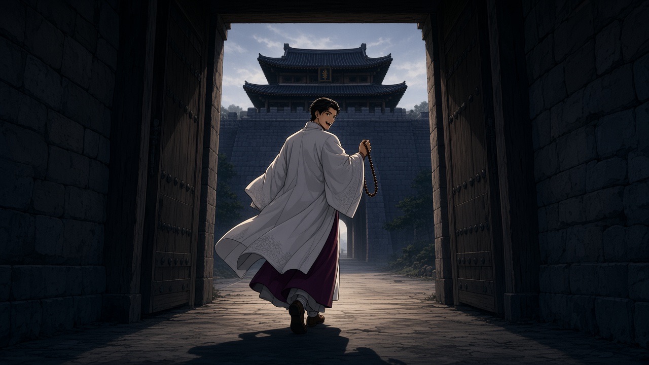 Bidam walks out through the dark gate toward the palace