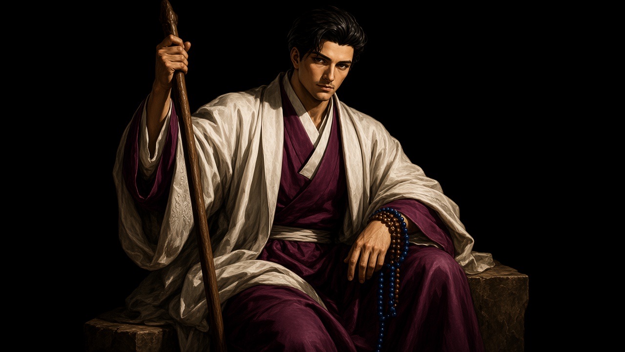 Bidam seated on the edge of a stone plinth in a black void, fully robed, a heavy white silk mantle slipping from one shoulder, one arm raised gripping a tall wooden…