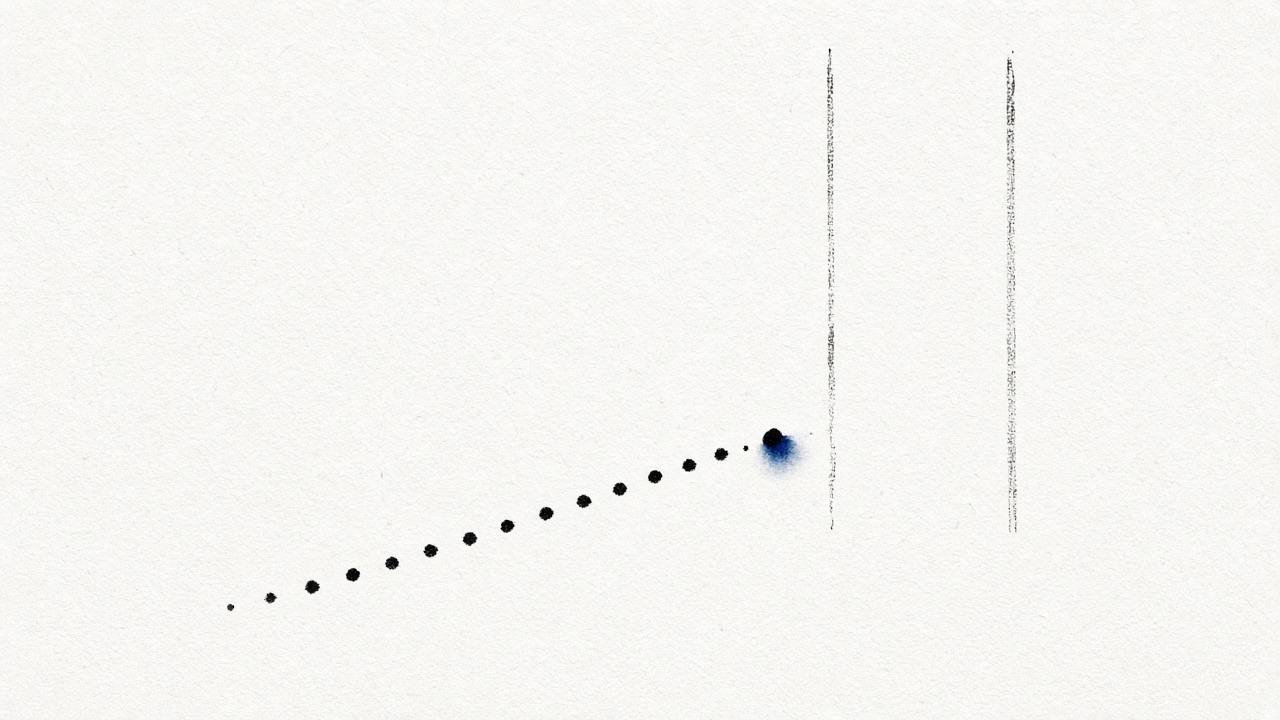 A diagonal of small black bead-dots runs toward a tall empty rectangle suggested by two thin dry lines, and the dots stop short of it.