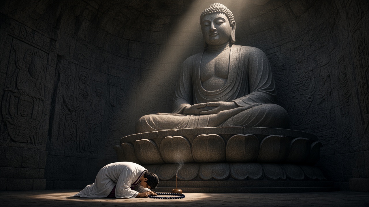 A small figure bowing before the great stone Buddha