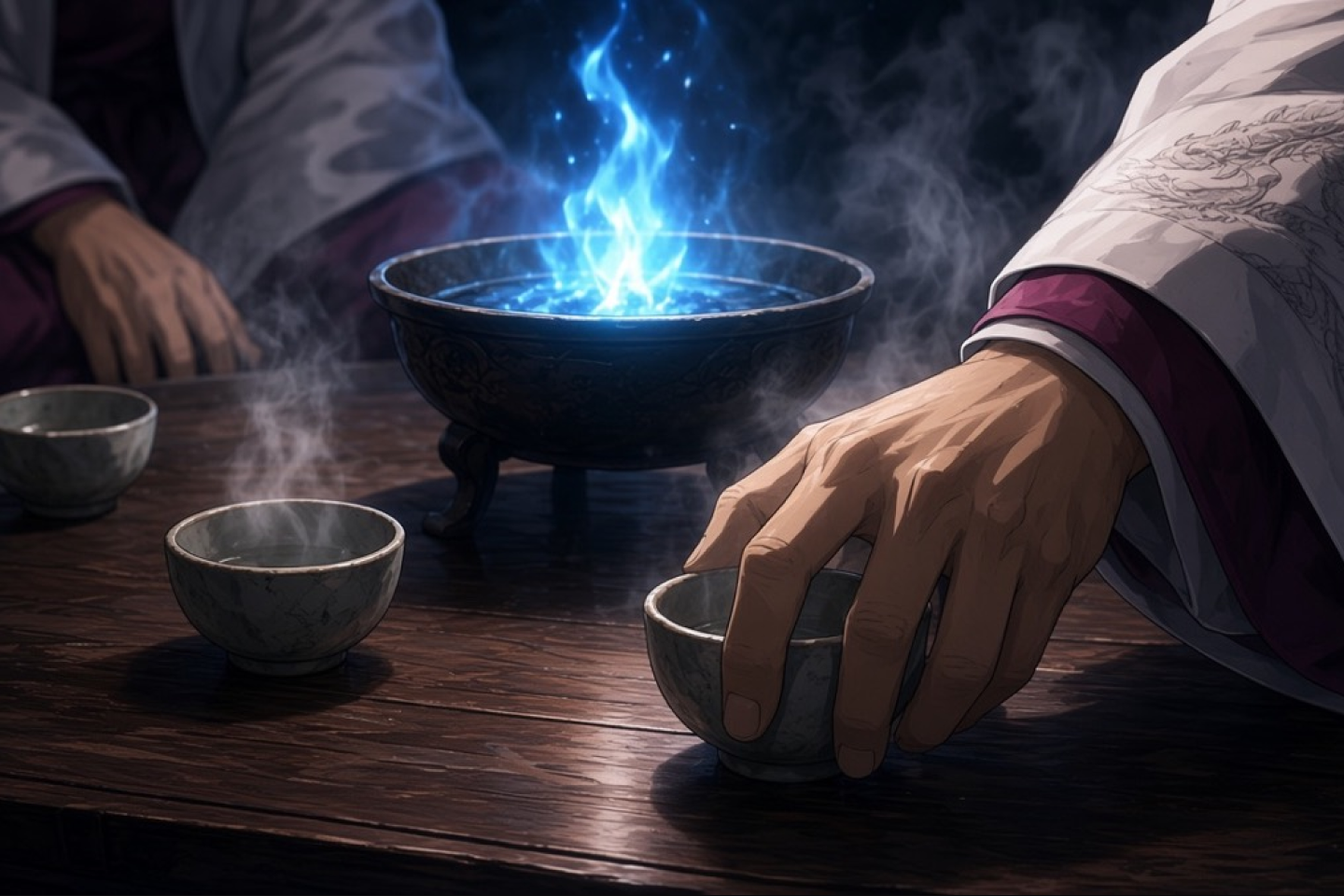 Tea poured beside a blue flame