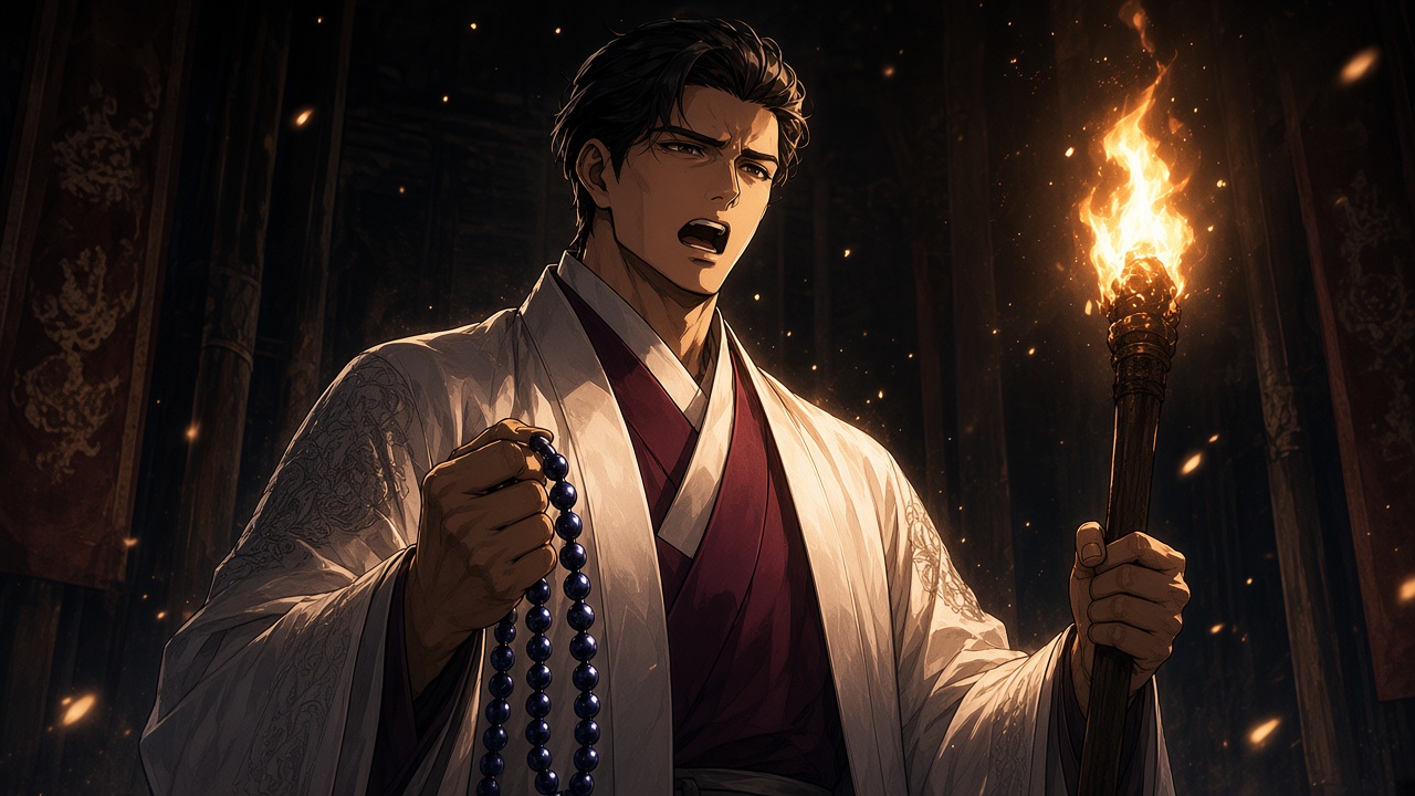 Bidam with a torch and his beads in the dark