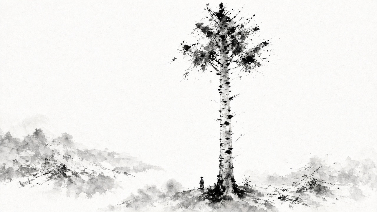 One birch trunk is a single vertical pale-grey stroke with black knot-dabs and flying white.