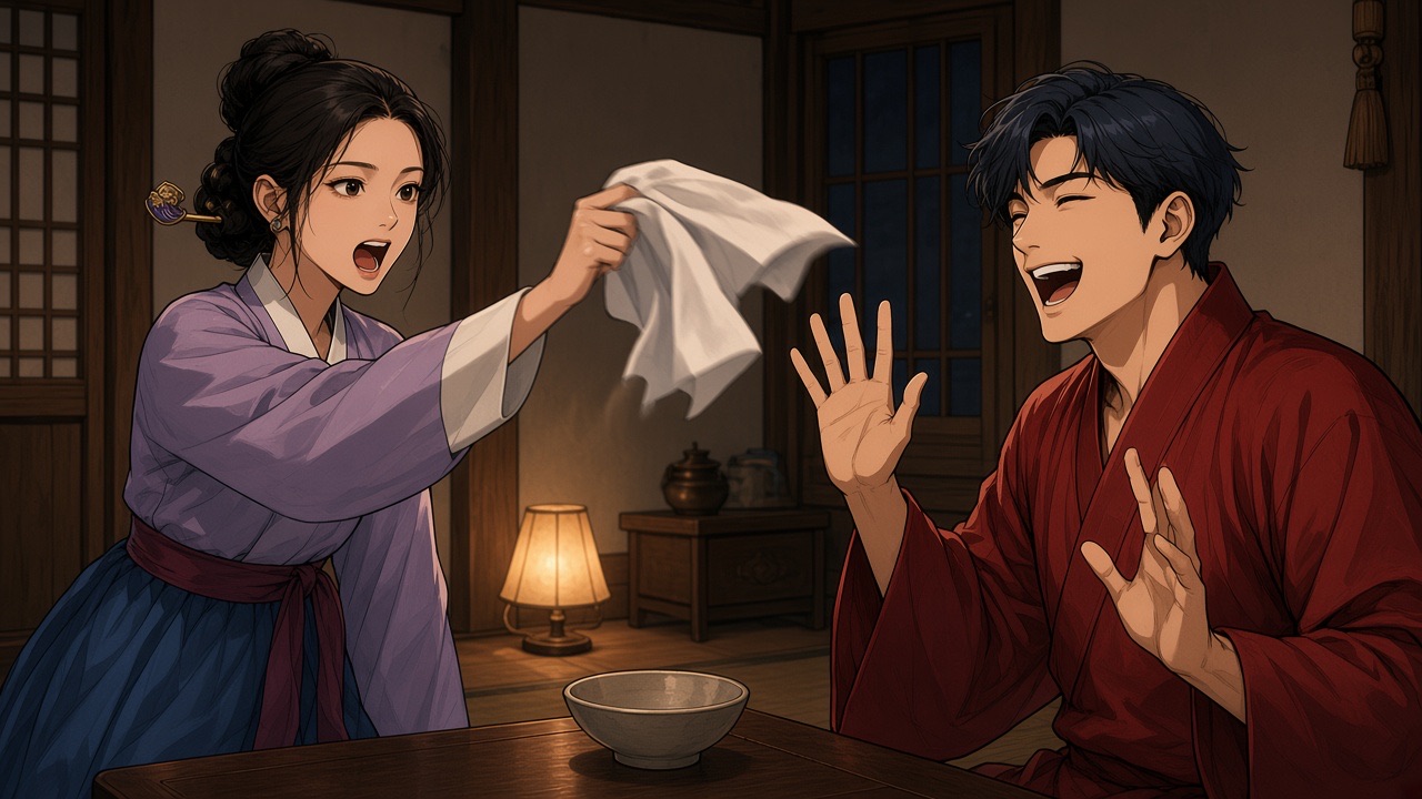 Jahee waves a cloth at a laughing Bupmin