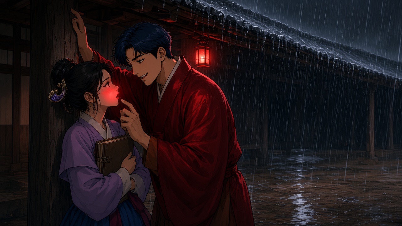 Bupmin and Jahee under the eaves in the rain