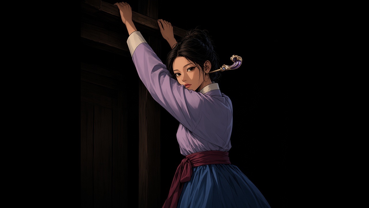 Adult Jahee reaching up to a shelf, body stretched in a long line.