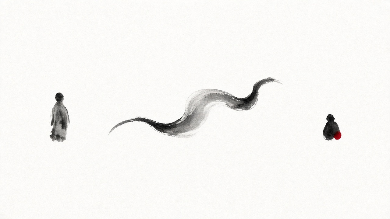 Between them one cloth is a single twisting brush stroke in midair, not yet arrived.