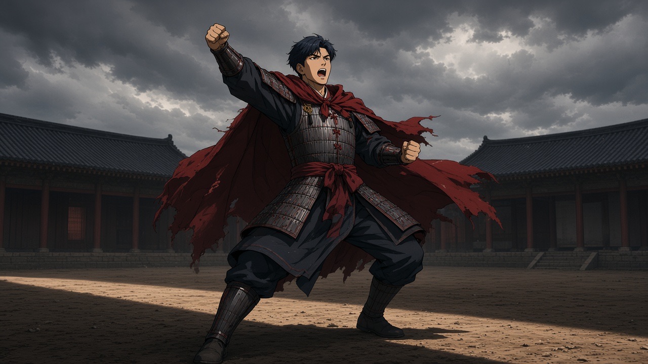 Bupmin in armour, shouting in the yard