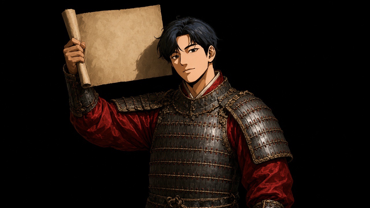 Bupmin grinning, holding a scroll up