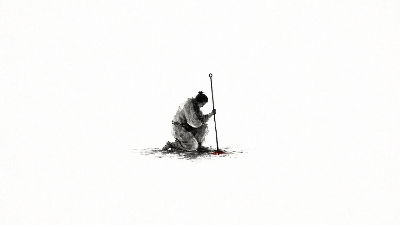 A tiny kneeling mark, weight on a sword that is one thin vertical stroke into the ground, a small ring only at the top, no crossguard.