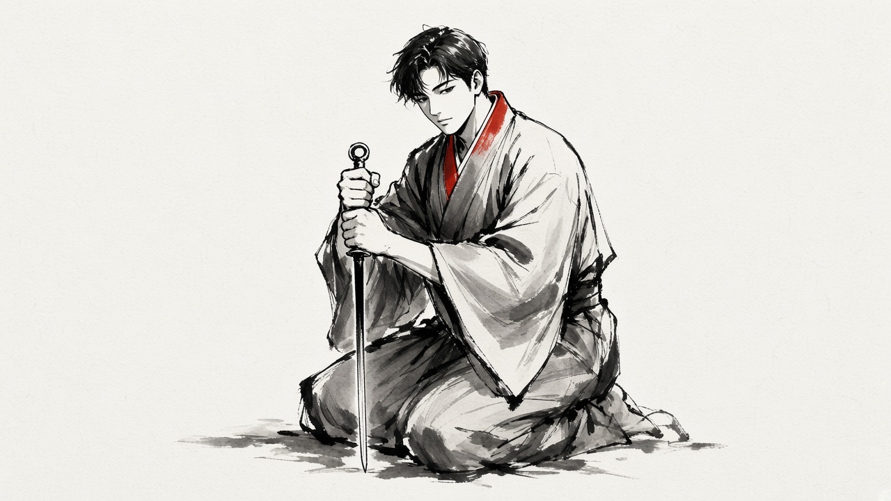 a man kneeling, a few bony marks, both hands on a ring-pommel sword held point-down.