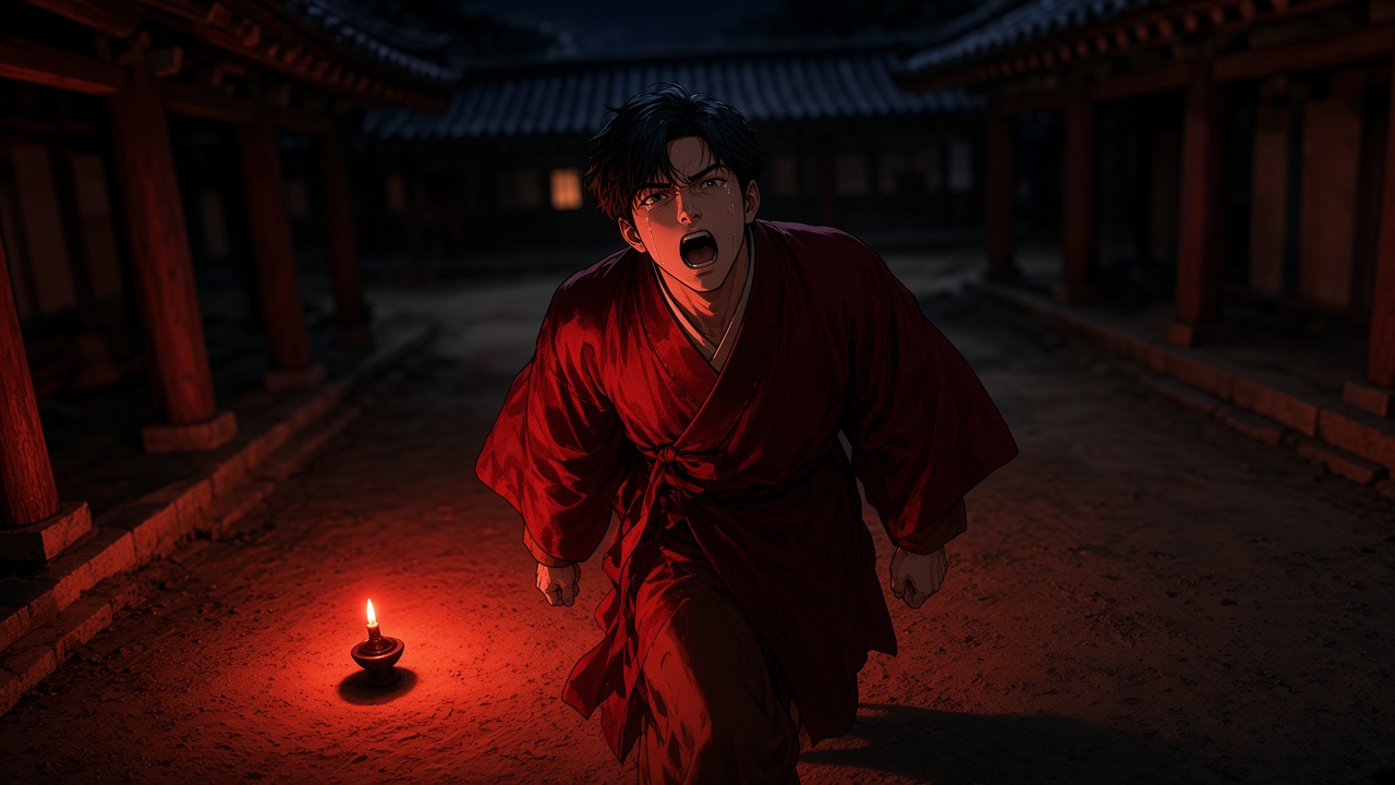 Bupmin in red, running through the night yard