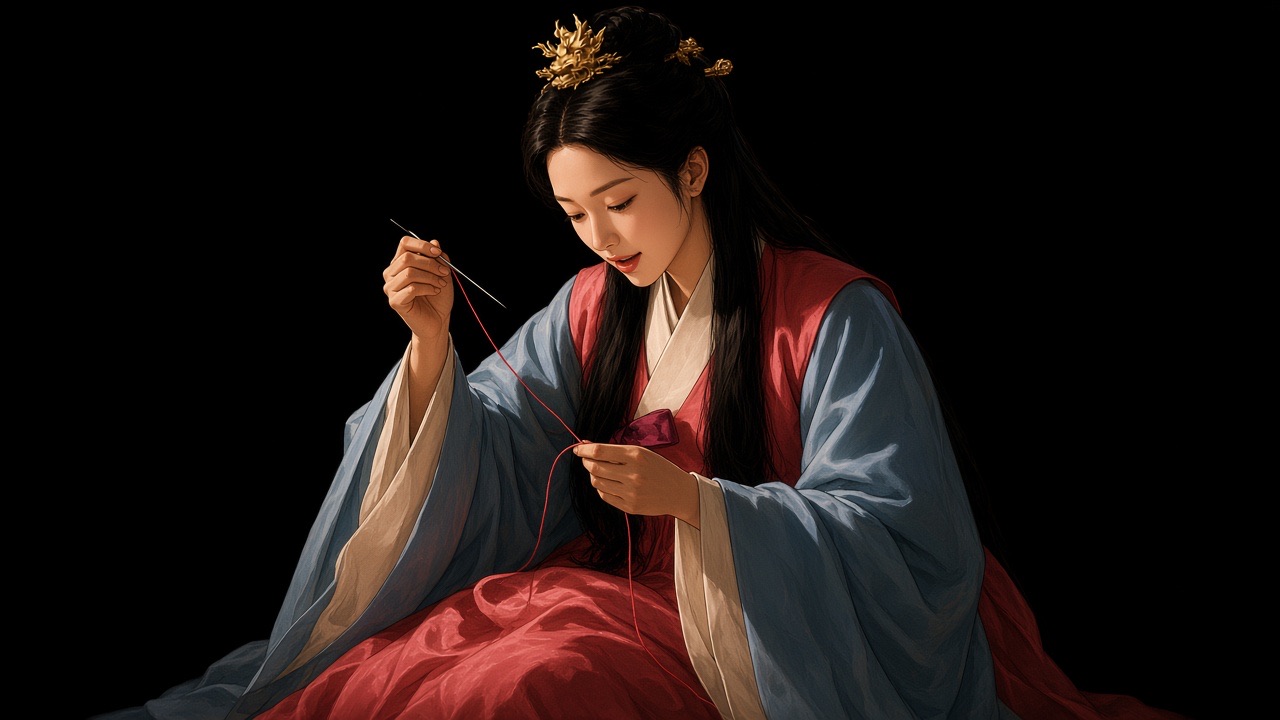 Munhee bent over her needle, smiling at the thread