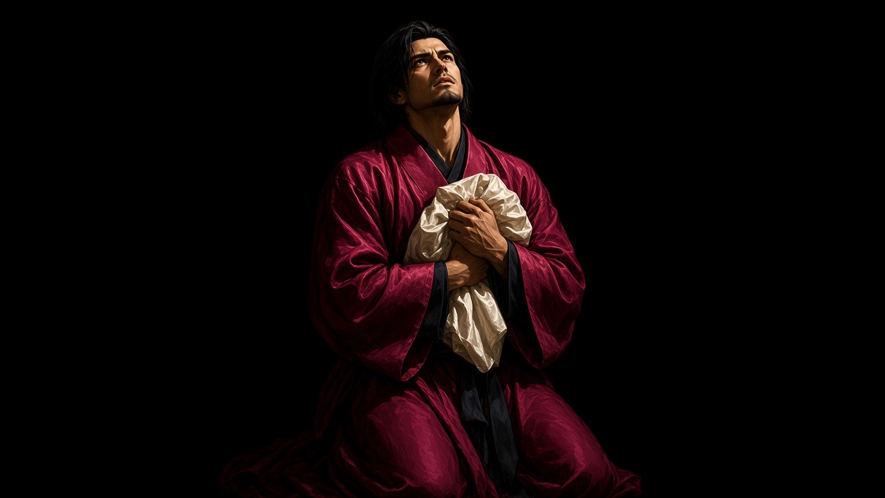 Chunchu on his knees in the snow