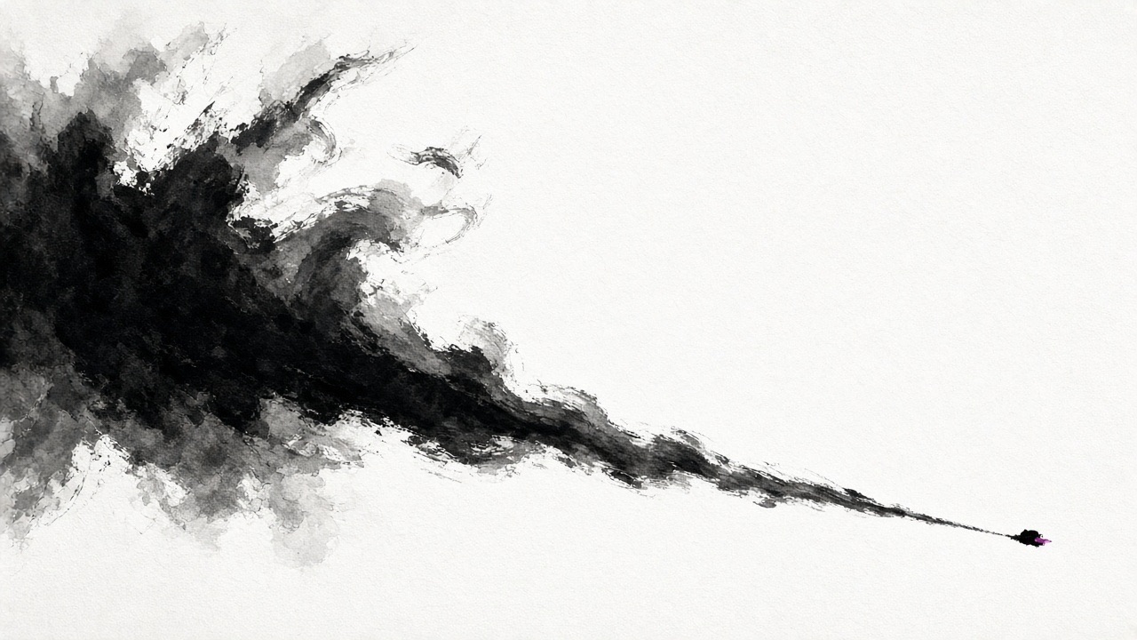 One huge black brush mass fills the left, flying white at its edge, and thins to a point.