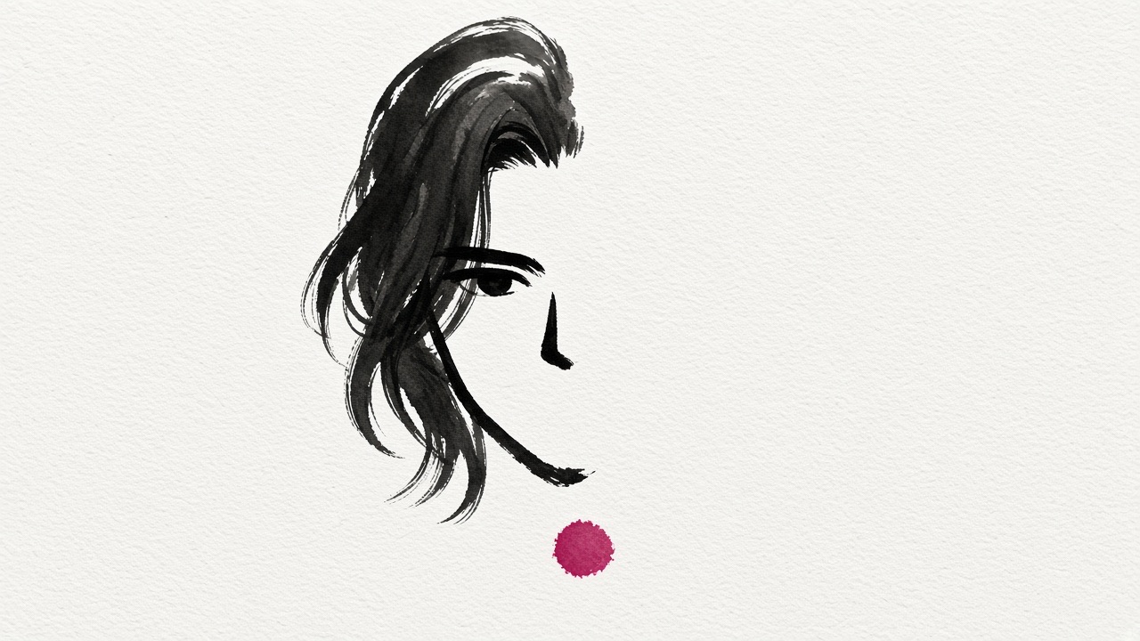 The whole sheet is empty paper except one wet black brush load that is only the left half of a man's head in the lower-left corner: hair as one dry stroke with flying…