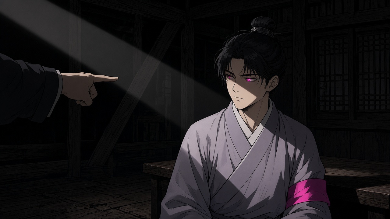 Kim Chunchu sits in the light, turning his head toward the hand, expression calculating and slightly wounded, not exaggerated.