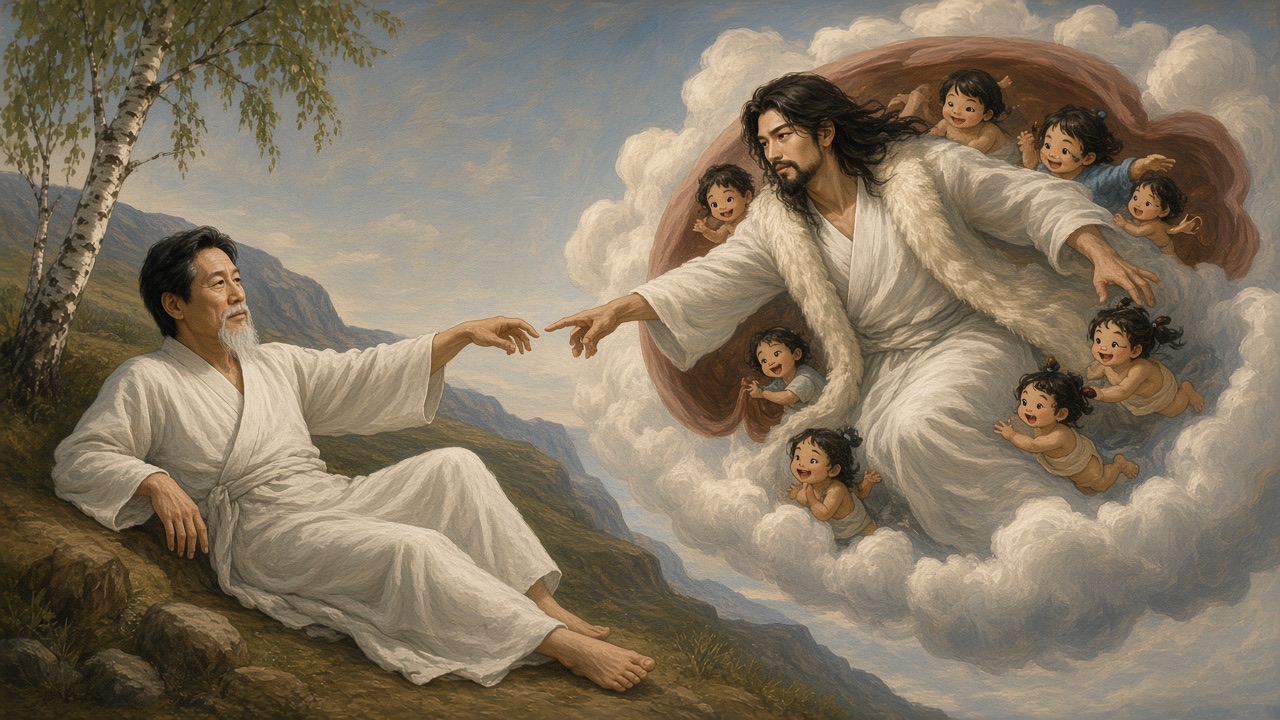 But it is Korean myth: Hwanung reclining on the slope of Mount Baekdu under a birch, and the sky god Hwanin reaching down from a swirling cloud-mantle with small…