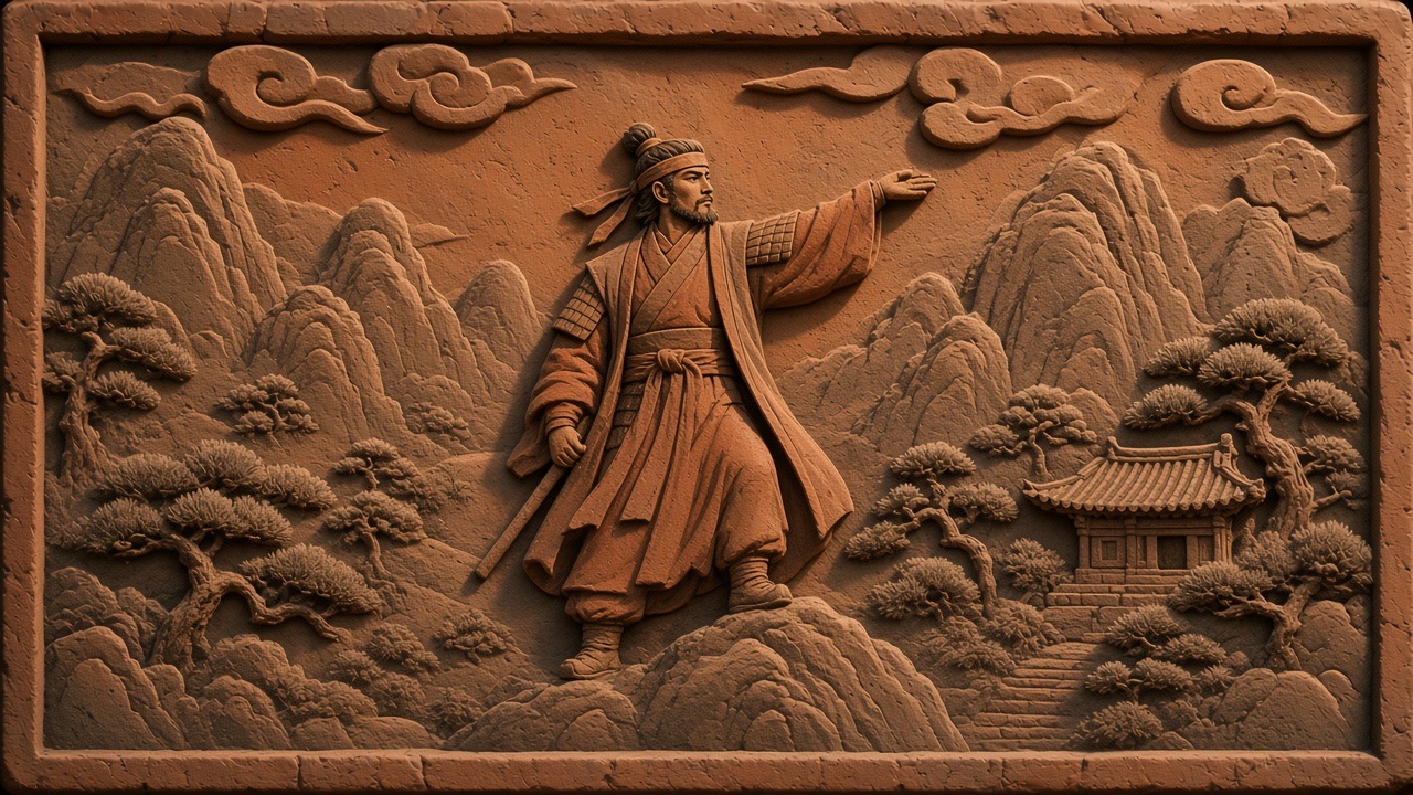 Carved into the lower middle of the relief, a small figure of Buyeo Euija stands on a peak with one arm sweeping out over all the mountains as if claiming them.