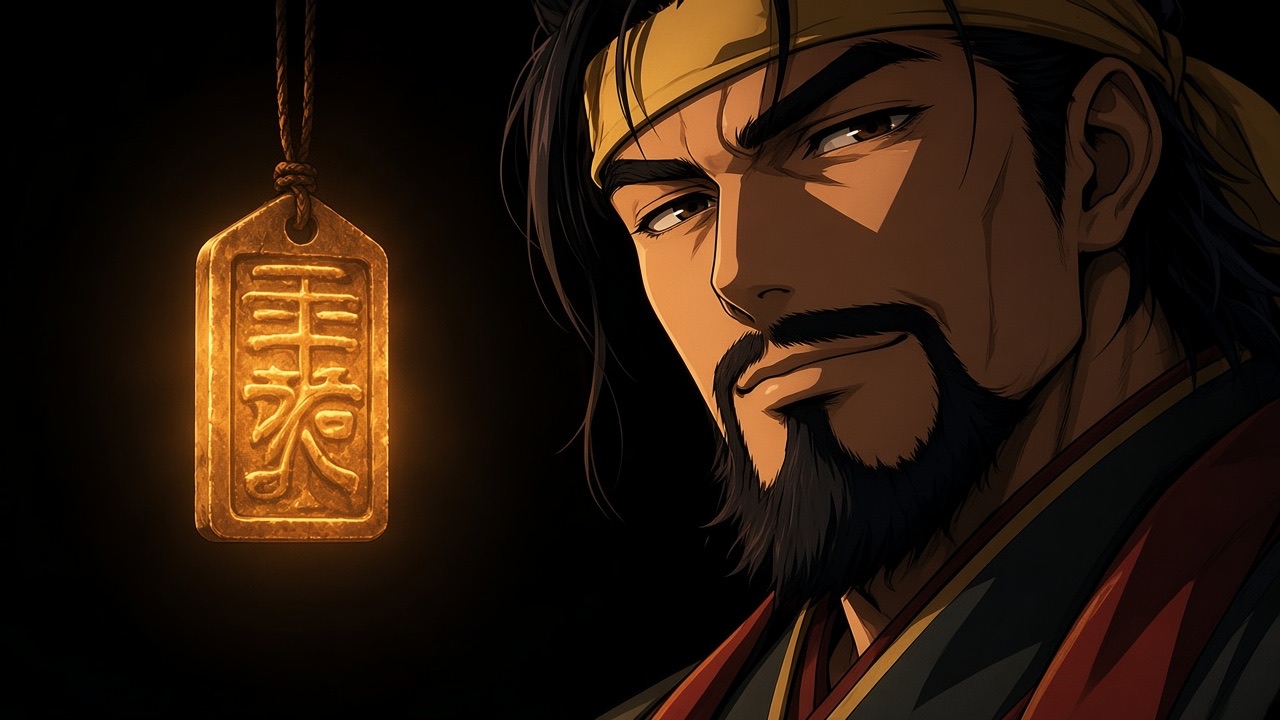 Clean manhwa line, cel shading, Caravaggio black, one amber key on the seal and his cheekbone.