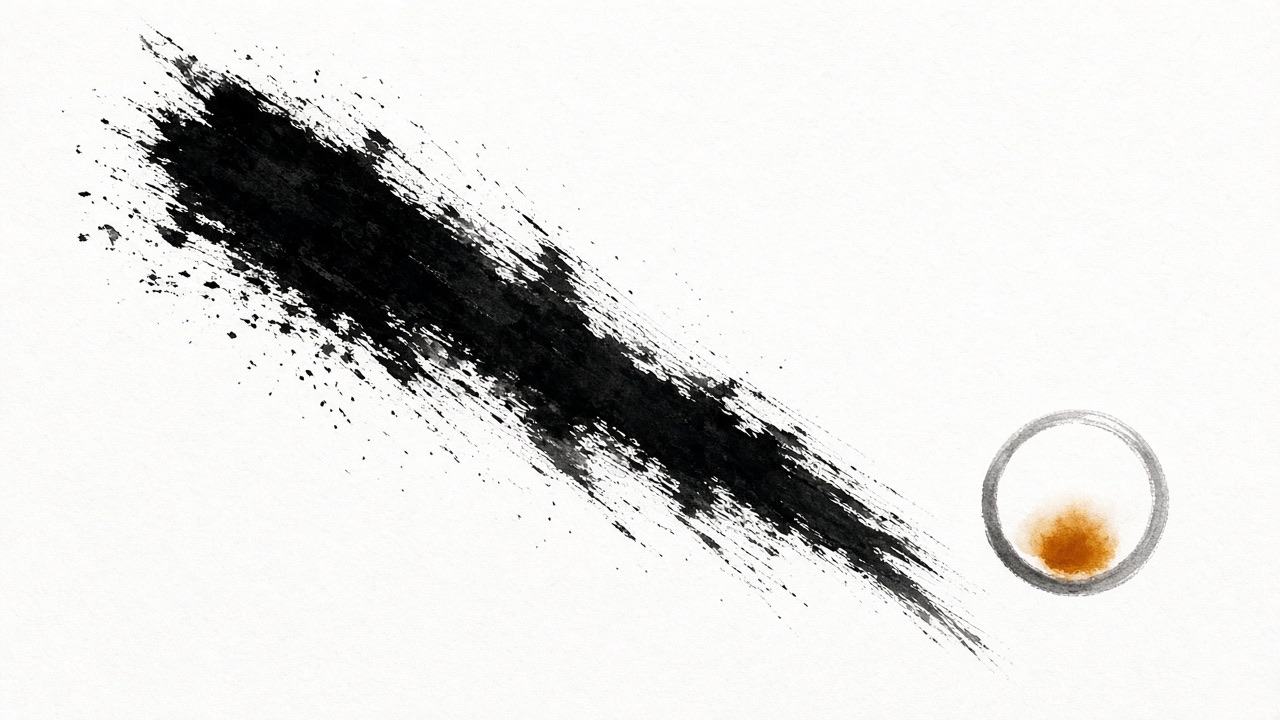 A black anger-slash of brush stops short of a small cup ring.