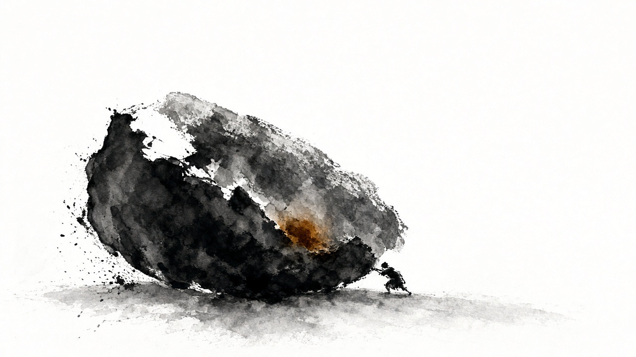 Story of Euija at Deer Rock: one heavy rock is a single wet ink mass with a dry dragged edge and flying white, low in the frame.