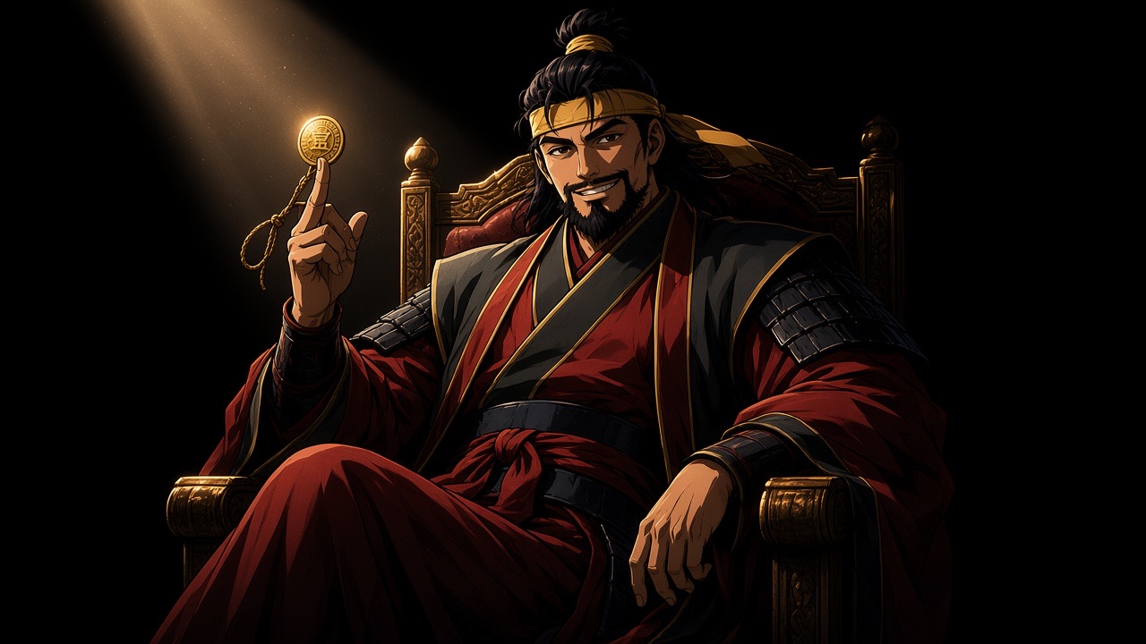 Euija on the throne, grinning in a shaft of light