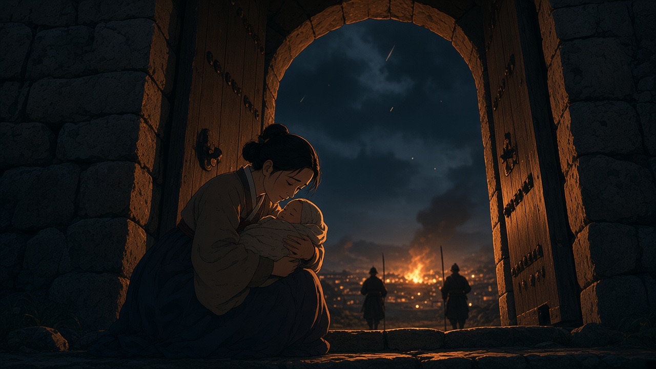 A woman crouched in the doorway, fire beyond