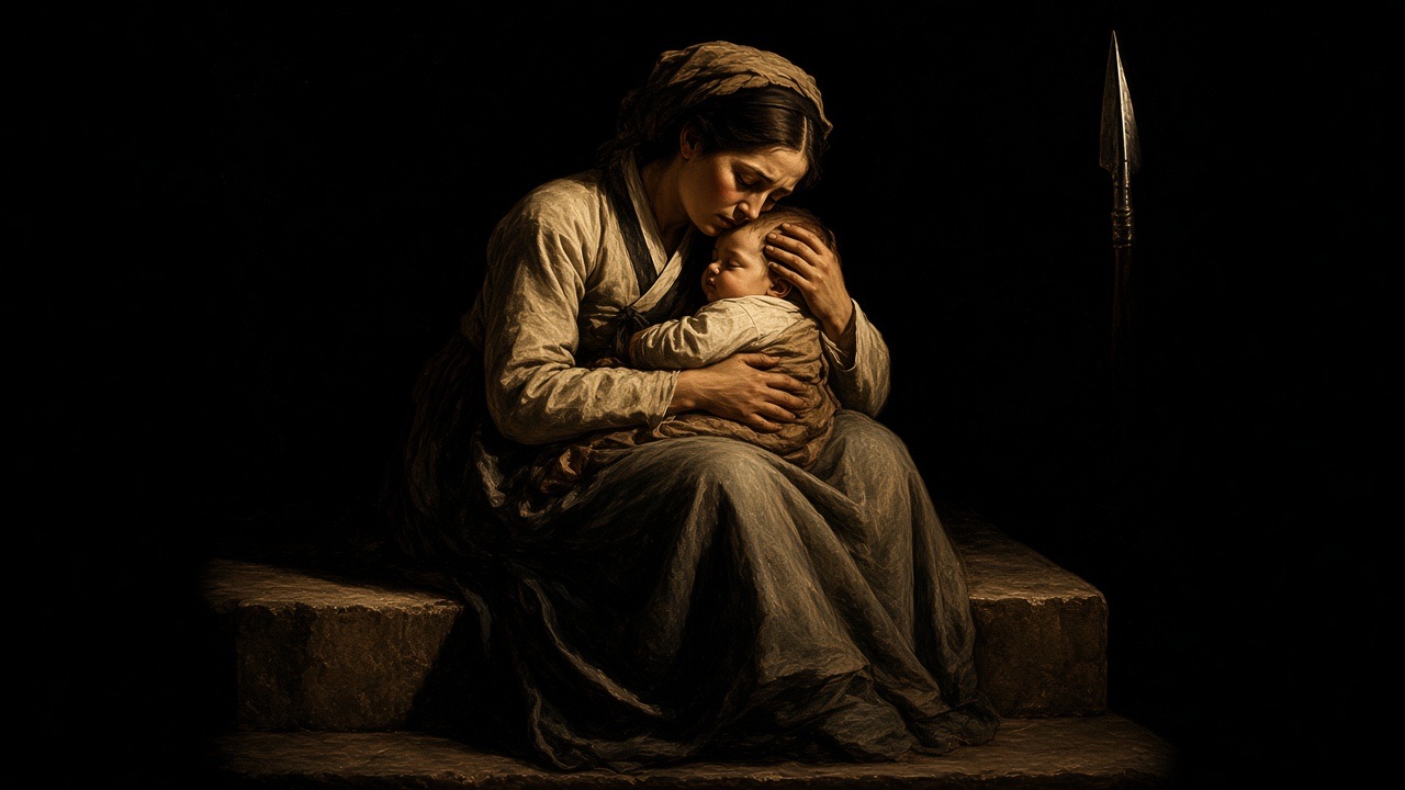 A mother holds her child in the dark