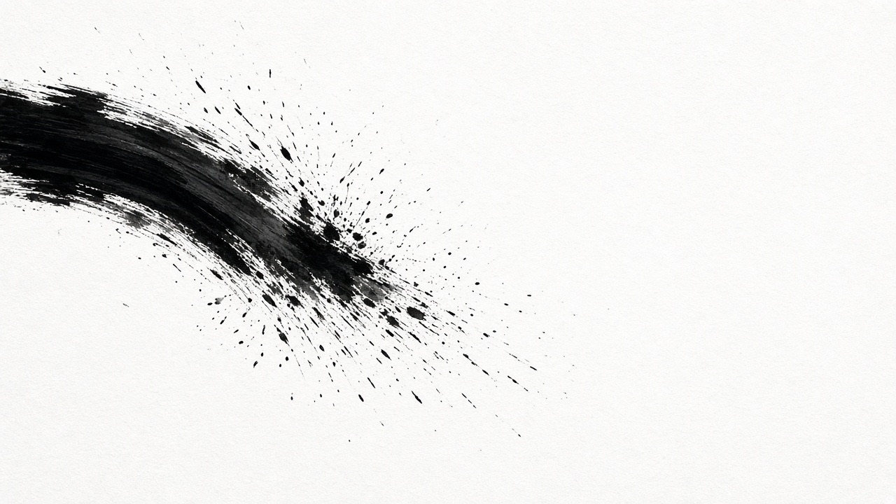 One strong black brush stroke begins on the left and breaks apart in the middle of the page into scattered bristles and spatters, then nothing.
