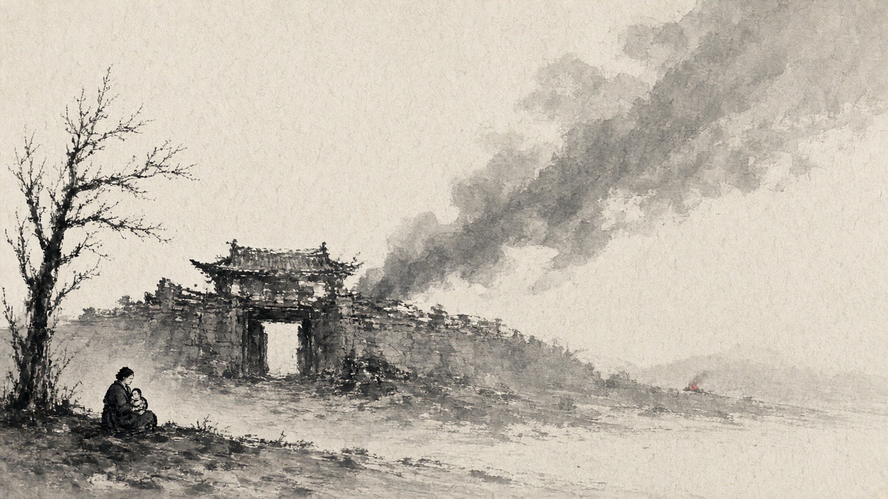 A few bold strokes suggest the broken gate of an ancient walled city and smoke rising in a long diagonal wash; in the lower corner, a tiny mother sits under a bare…