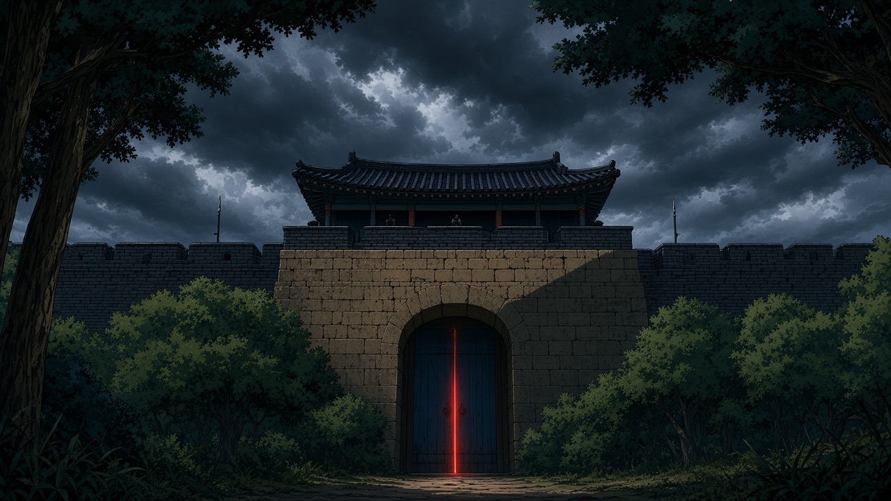 Daeya fortress gate exactly as the attached place image: weathered stone, crenellations, curved giwa pavilion, heavy wooden doors.