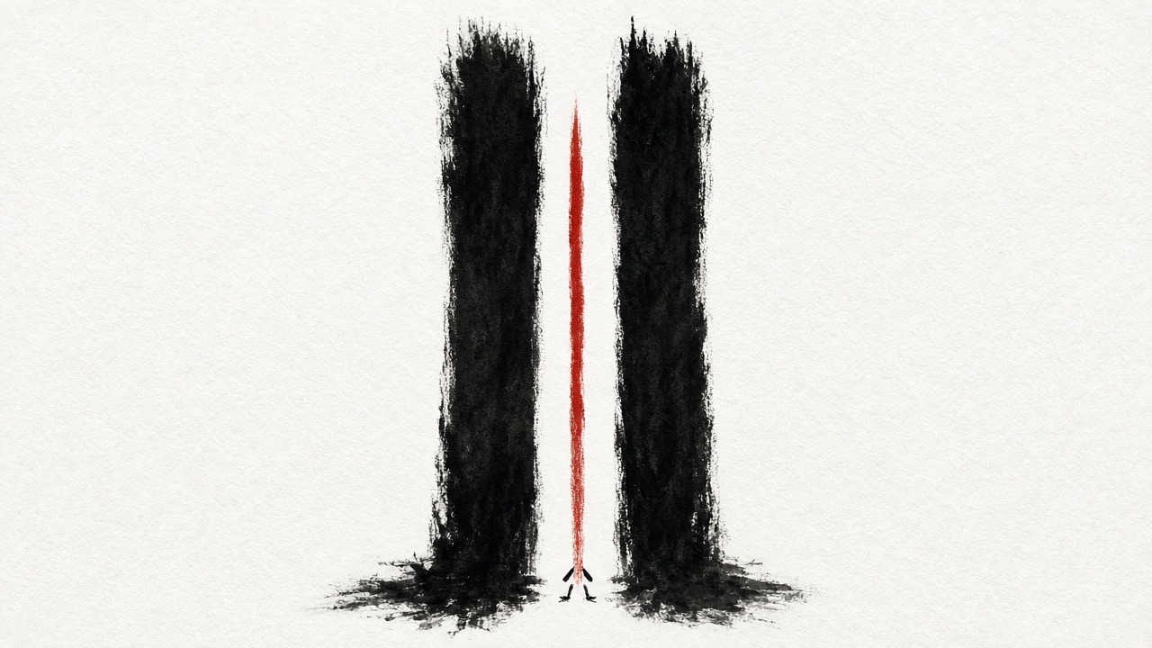 Two heavy black vertical strokes are the gate leaves, almost meeting.