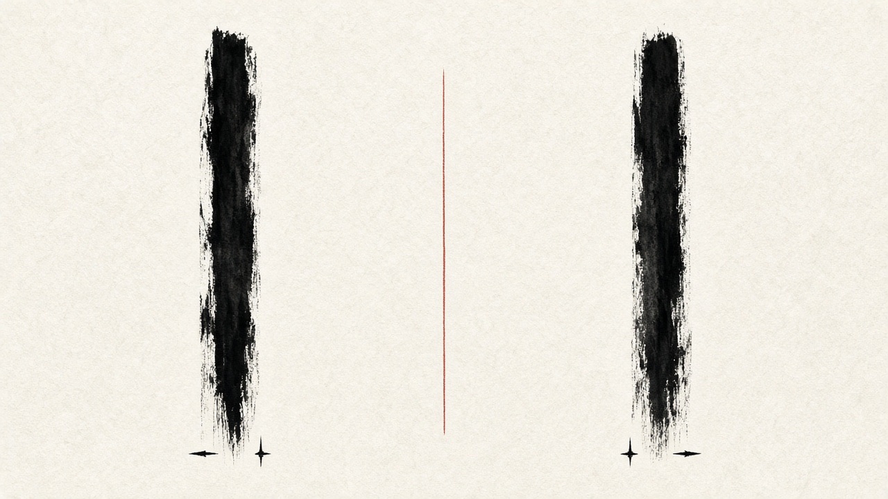 TWO tall vertical black brushstrokes standing apart like gate posts, dry-brush flying white, bristle marks.