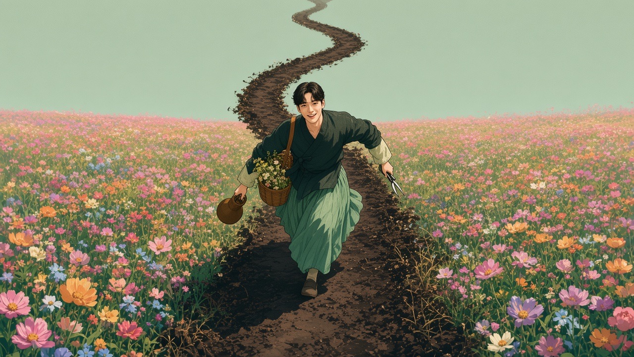 Hallakgungi runs down the flower-field path