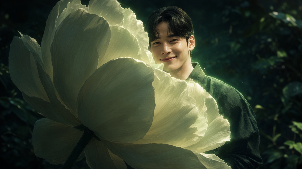 The gardener almost hidden behind one enormous pale flower that fills the left of the frame.